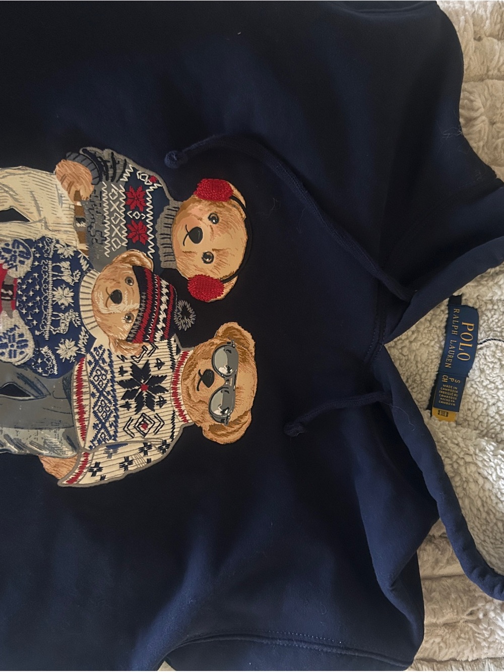 Ralph Lauren Navy Hoodie with Embroidered Bear Trio